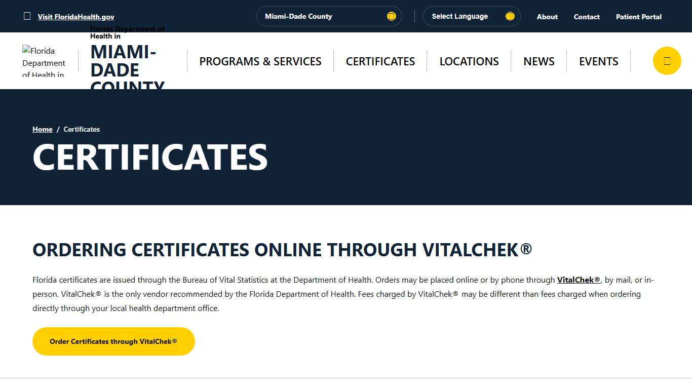 Certificates - Florida Department of Health in Miami-Dade County