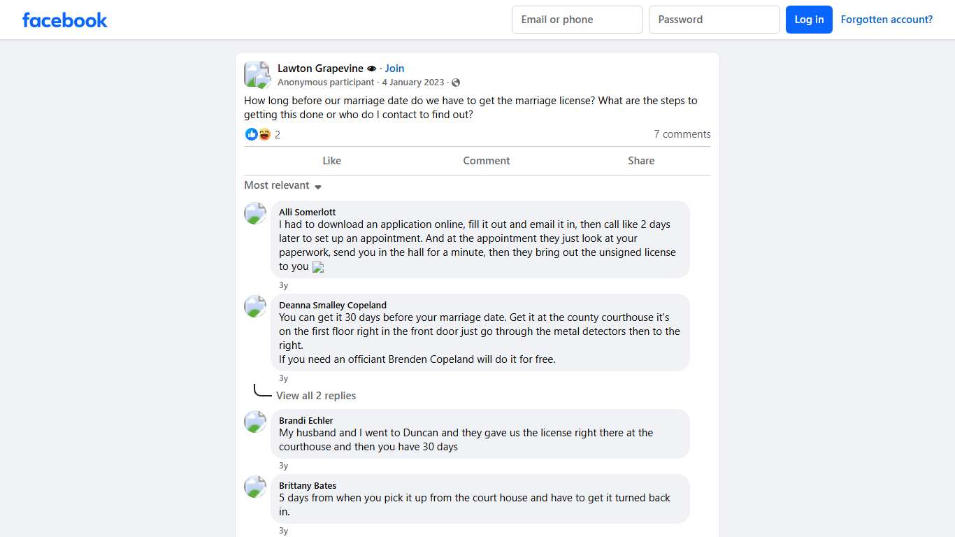 Lawton Grapevine 👁 | How long before our marriage date do we have to get the marriage license | Facebook
